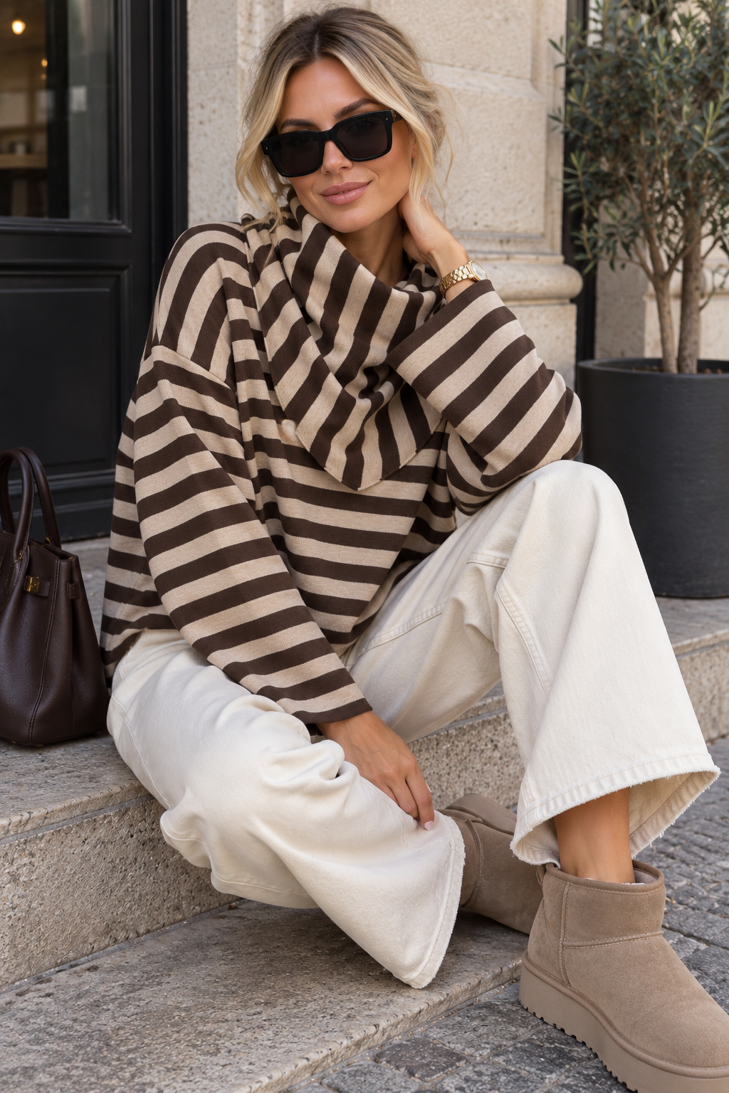 Alec Chocolate & Stone Fine Knit Striped Top