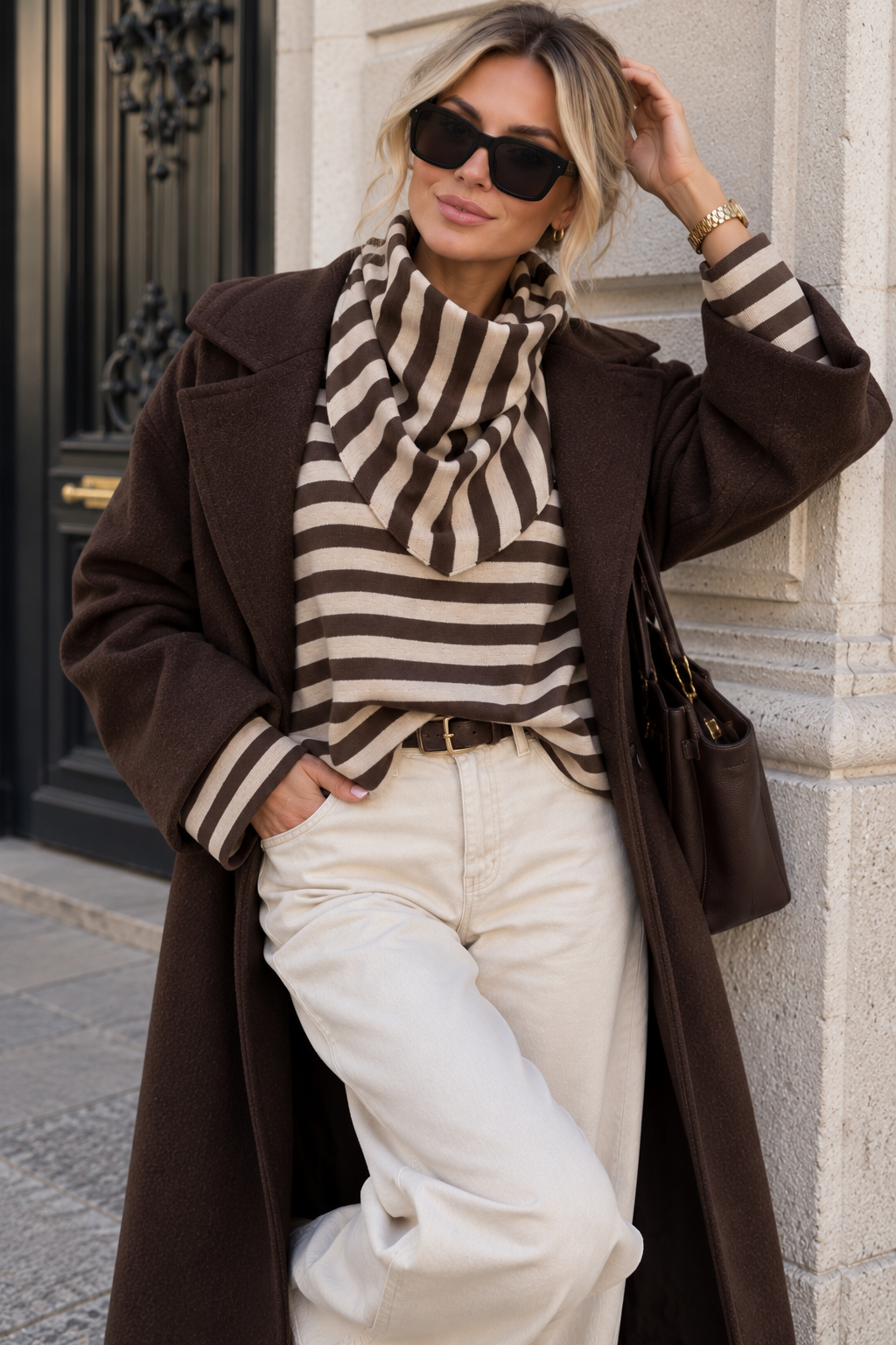 Alec Chocolate & Stone Fine Knit Striped Top