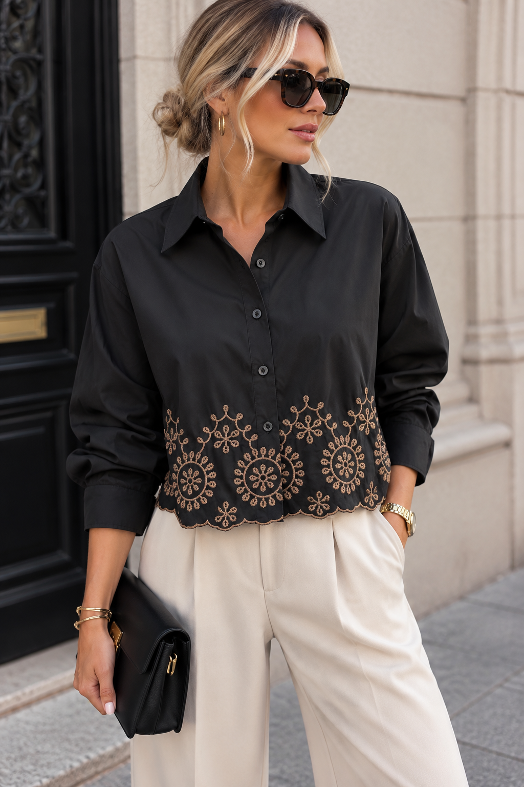 Alena Black Embroidered Trim Cropped Shirt