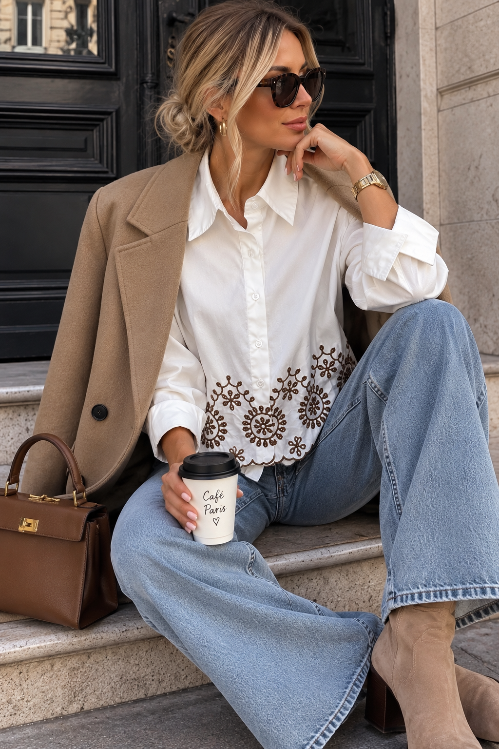 Alena White Embroidered Trim Cropped Shirt