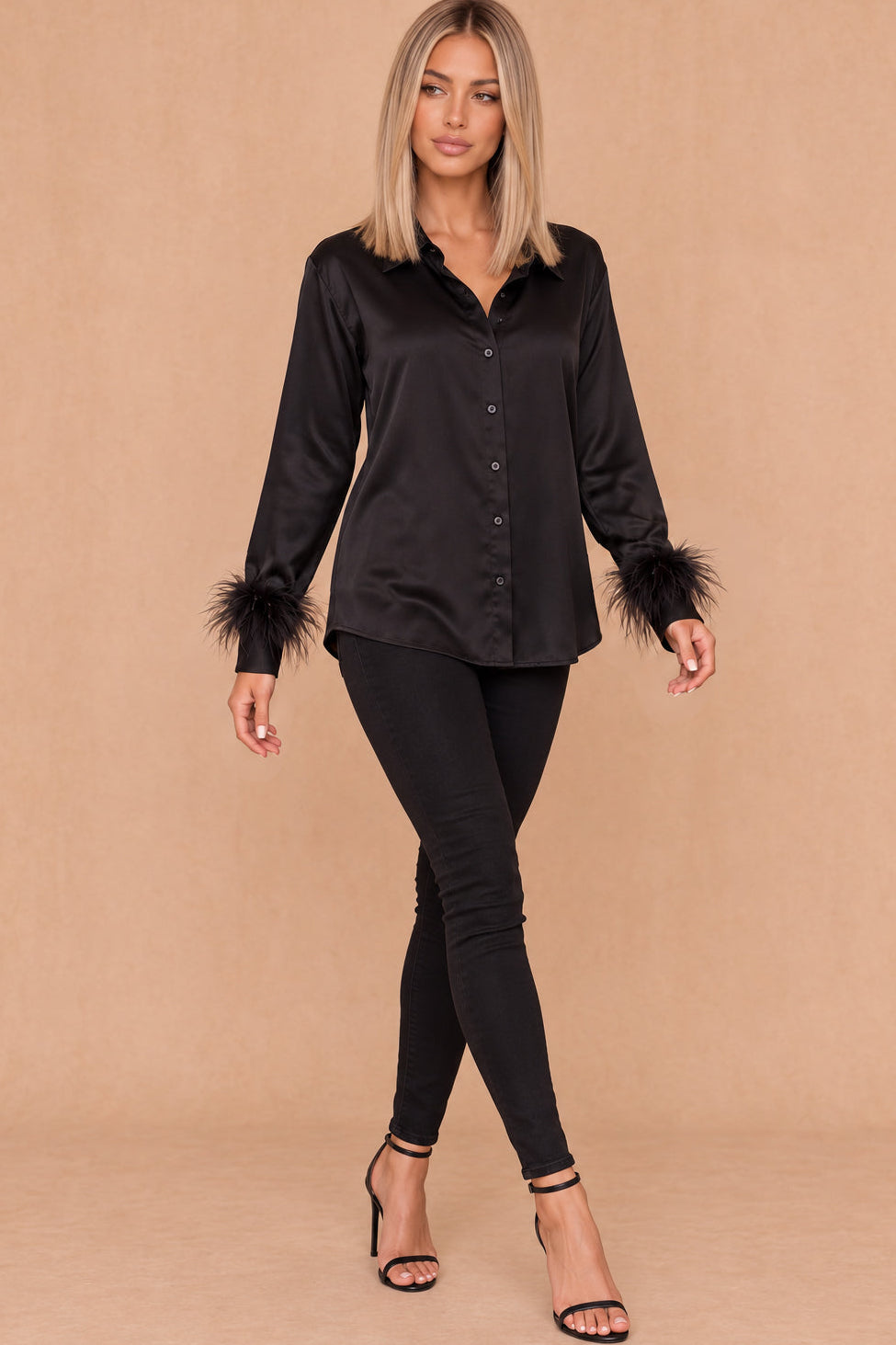 Ally Black Satin Feather Cuff Shirt