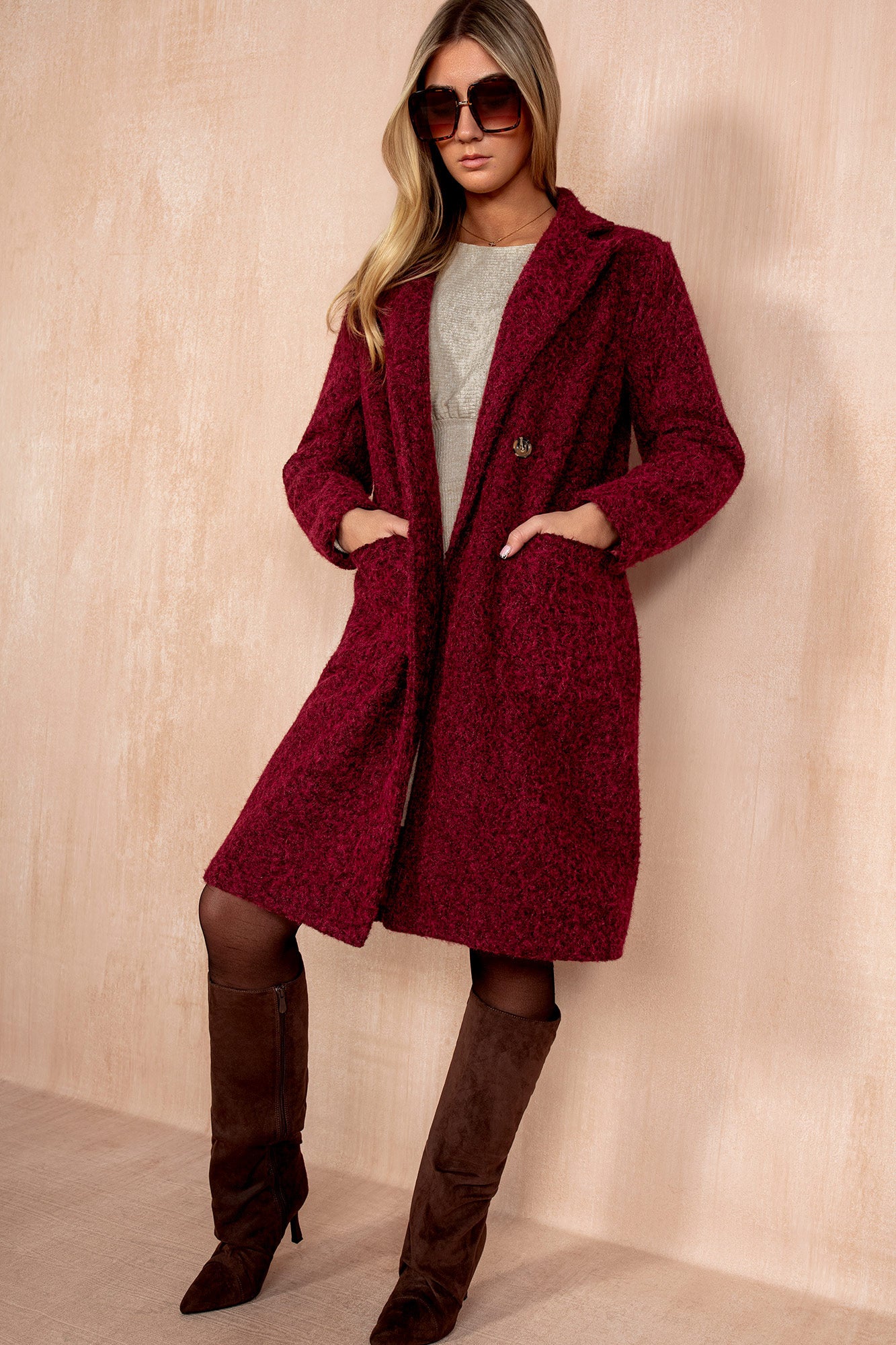 Angelina Burgundy Wool Double Breasted Coat