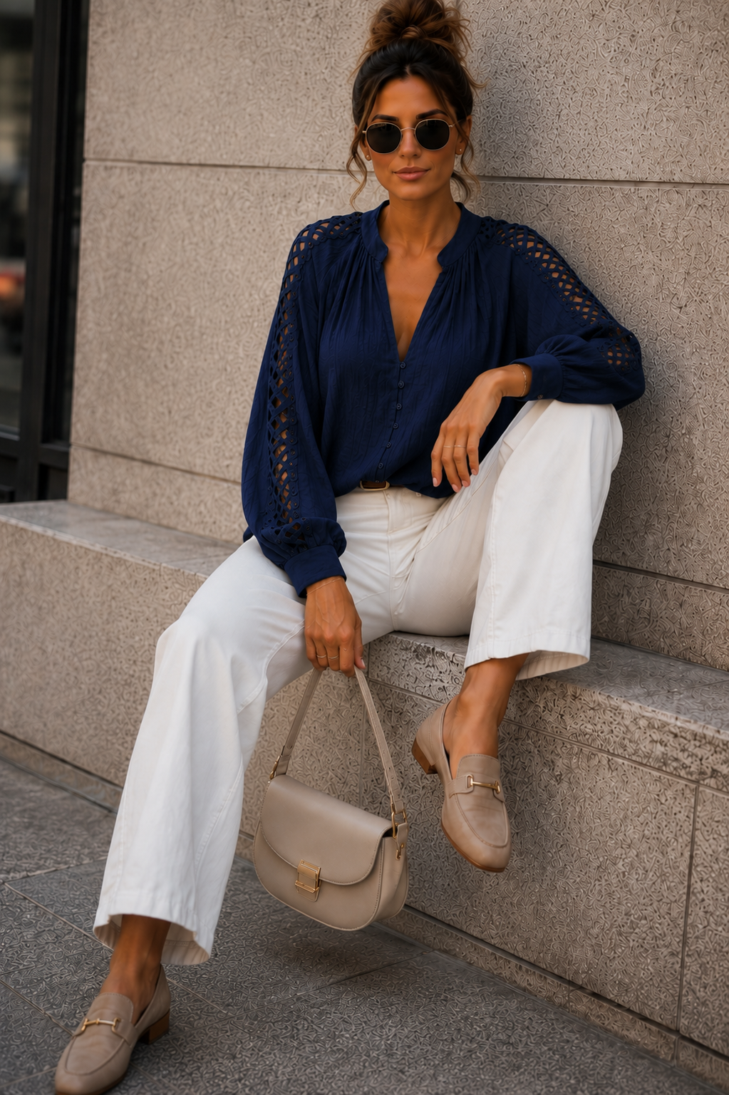 Anna Navy Cotton Cut Out Shirt