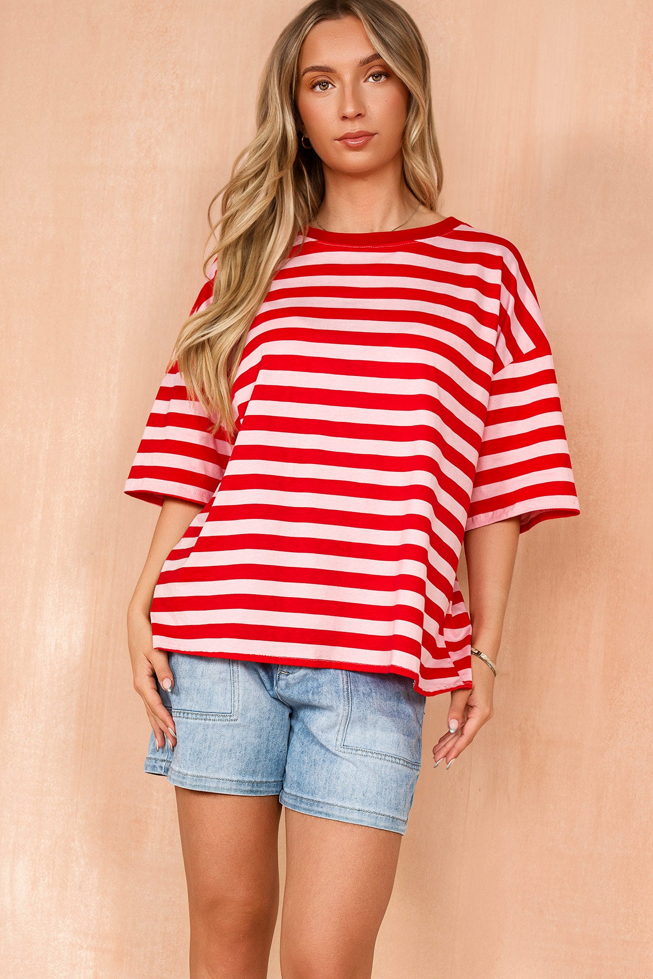 Aries Red and Pink Cotton Striped T Shirt