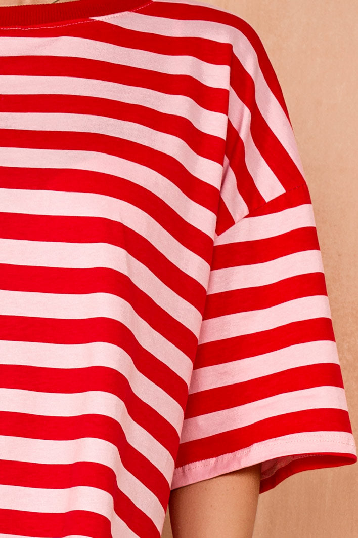 Aries Red and Pink Cotton Striped T Shirt