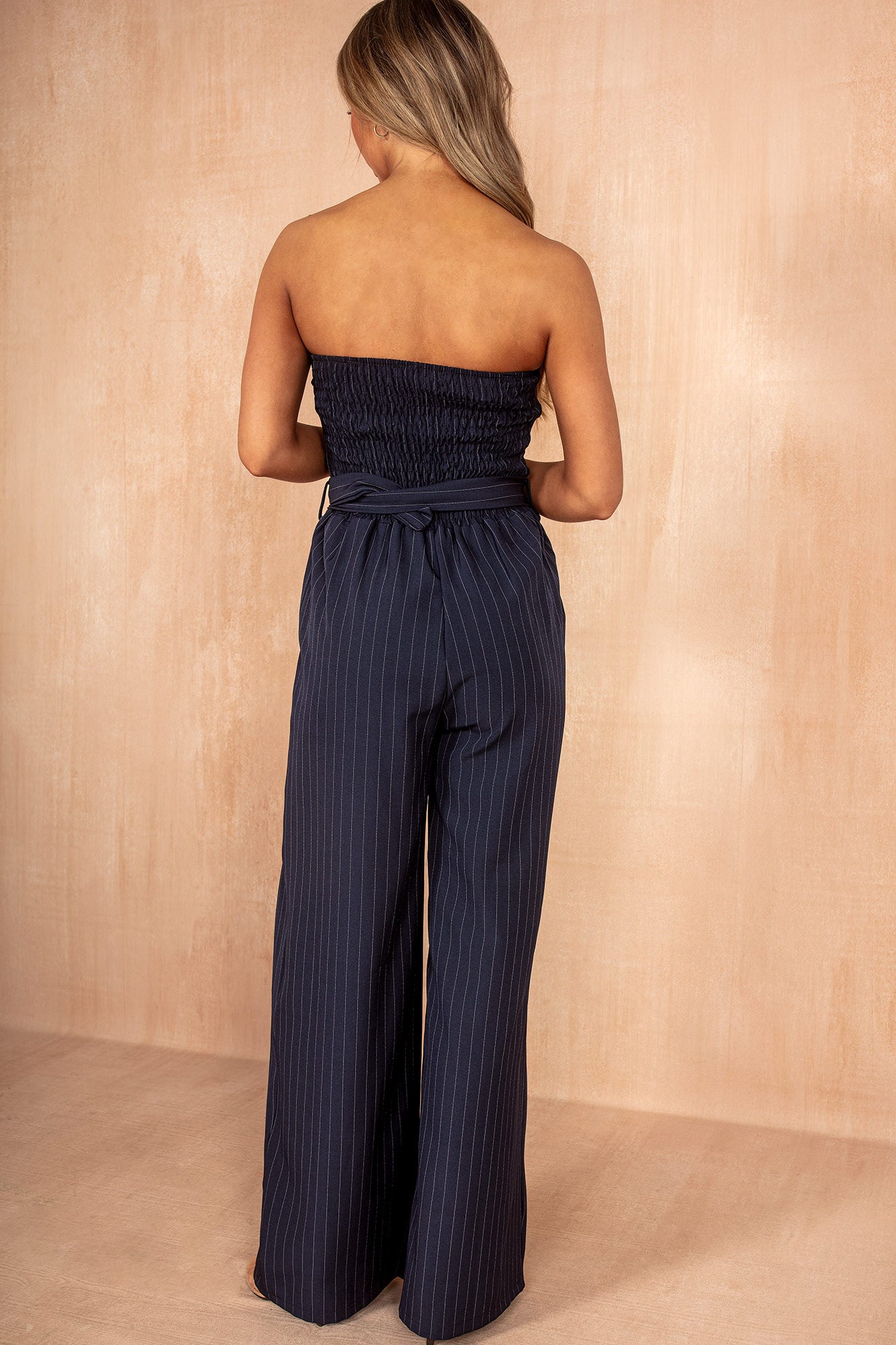 Ariya Navy Pinstripe Belted Jumpsuit