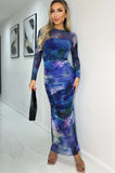 AX Paris Amanda Blue Mesh Print Dress