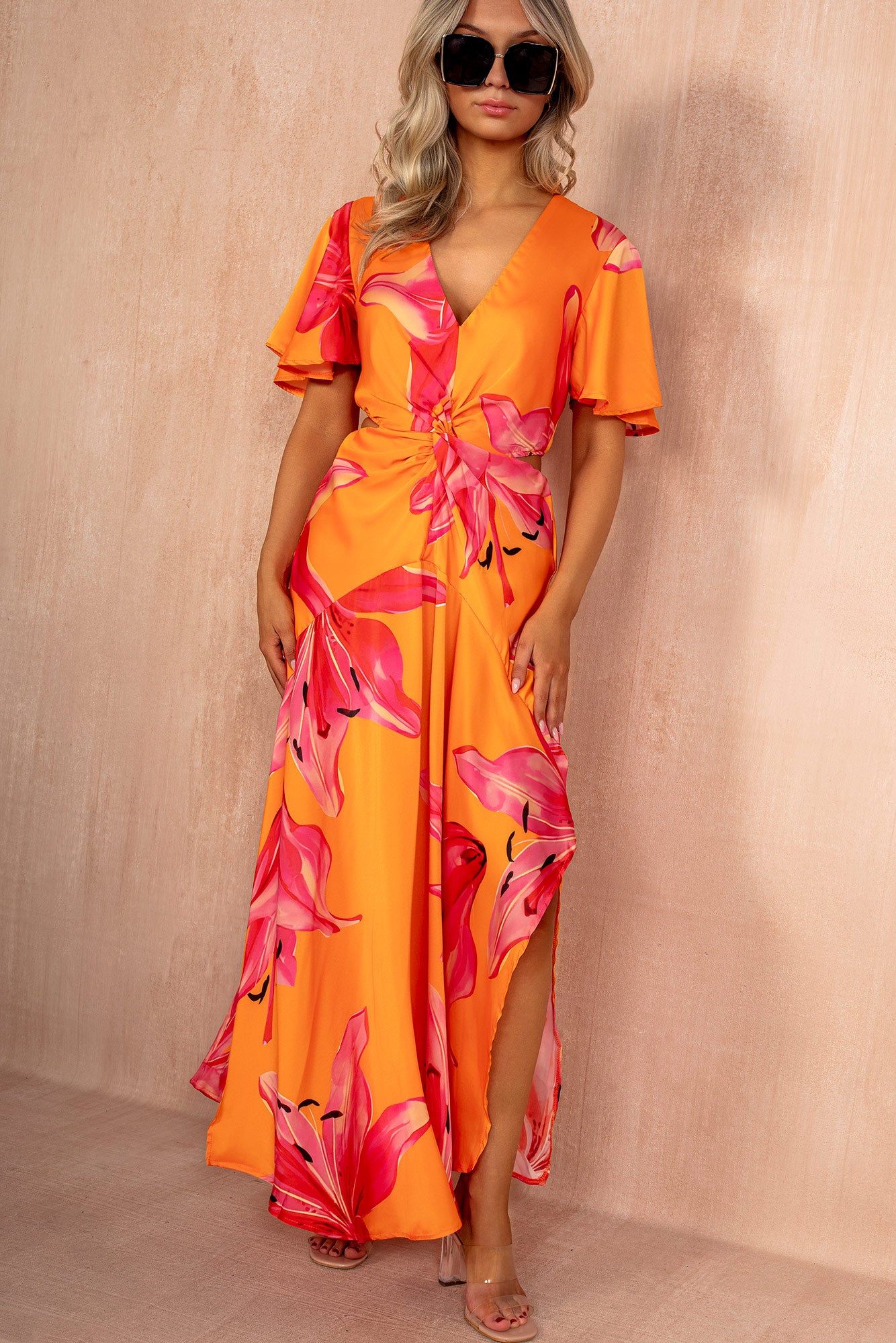 AX Paris Josie Orange Satin Cut Out Midi Dress