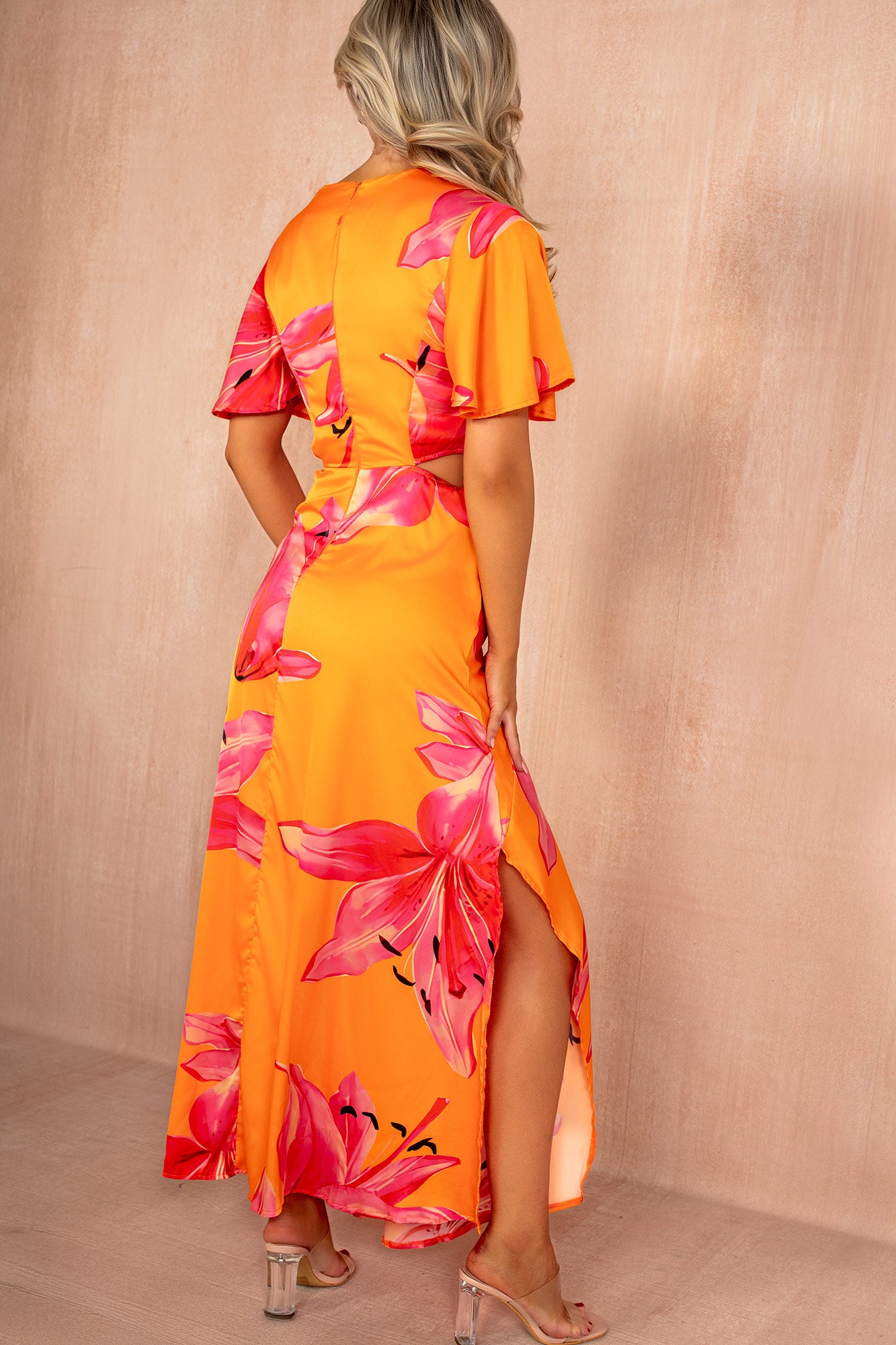 AX Paris Josie Orange Satin Cut Out Midi Dress