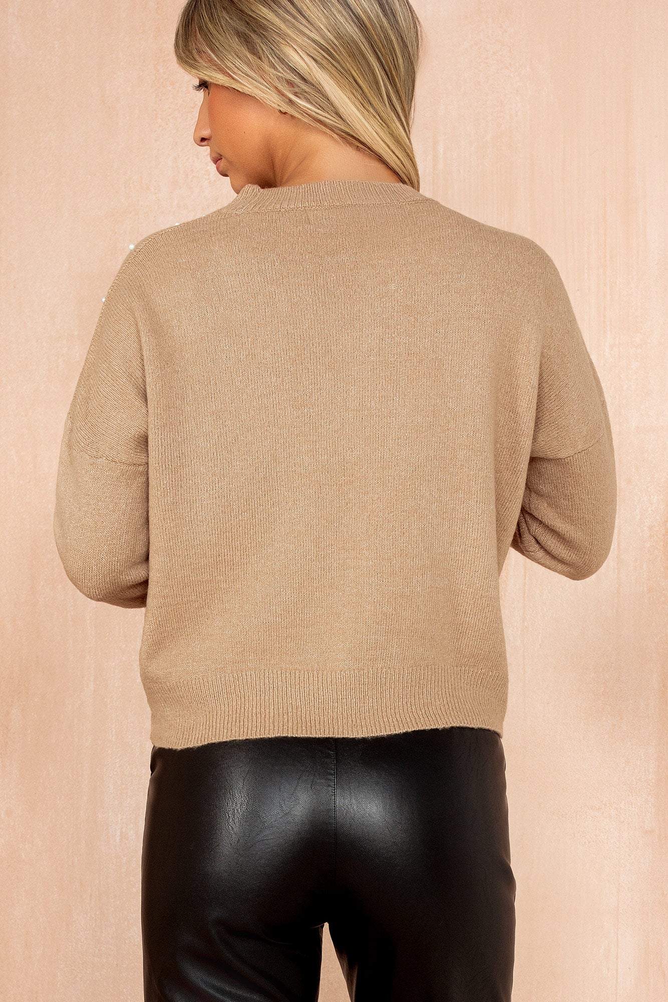 AX Paris Myra Camel Knit Pearl Embellished Jumper