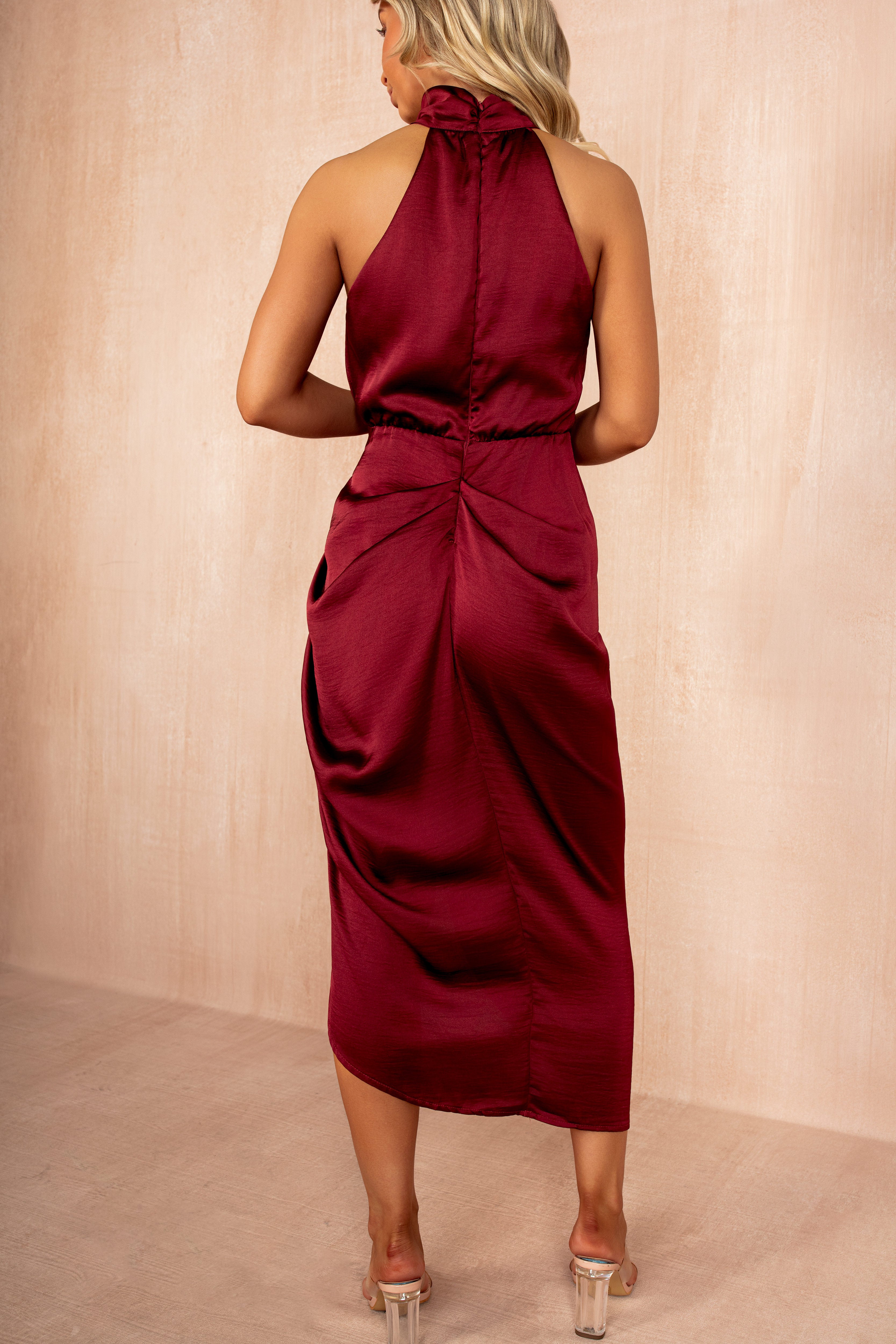 Pattie Wine Gathered Satin Dress