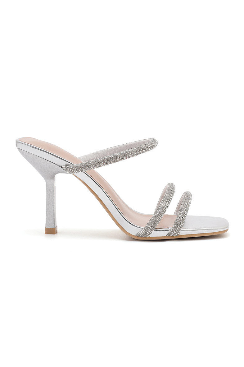 Ayla Silver Diamante Heeled Mule