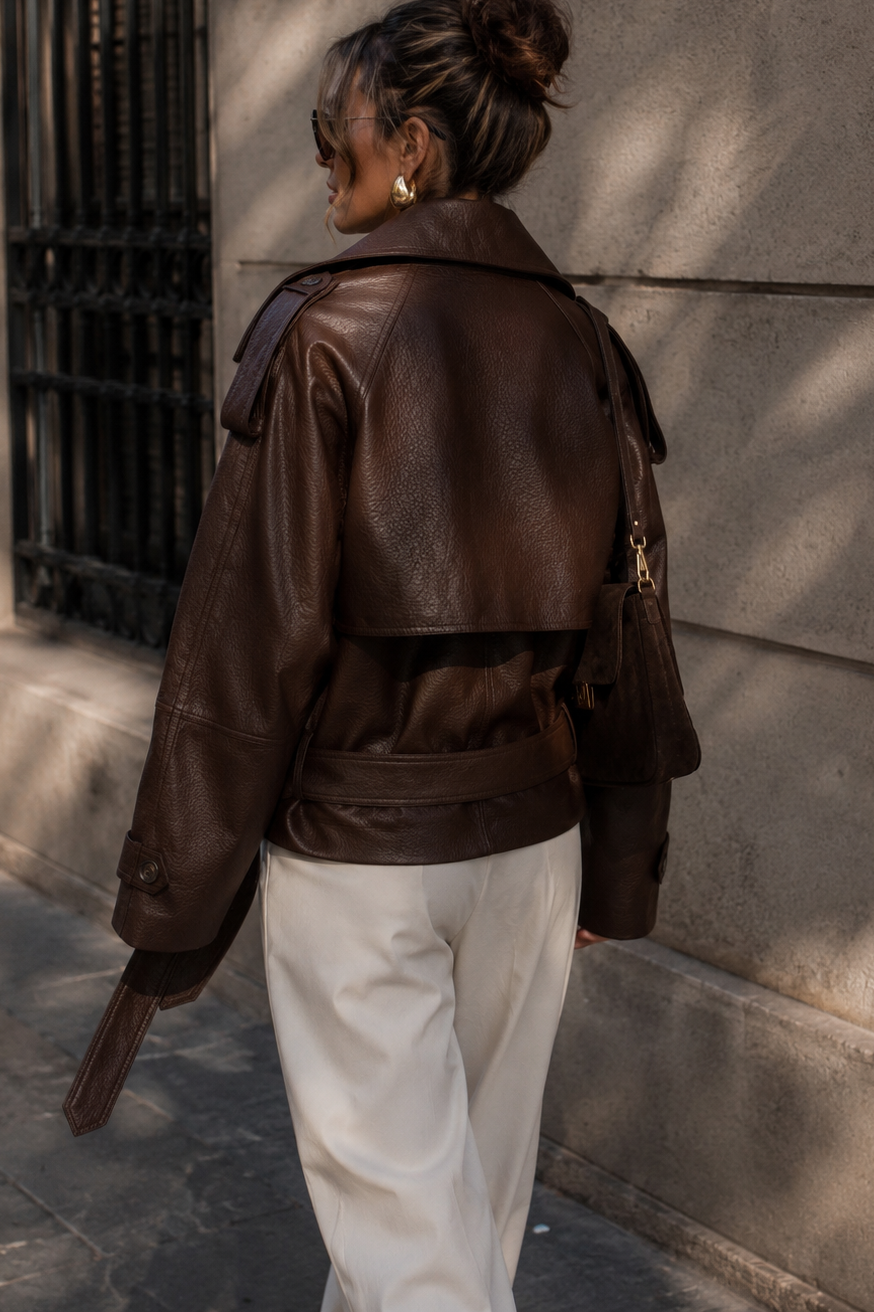 Beckett Chocolate Faux Leather Belted Jacket