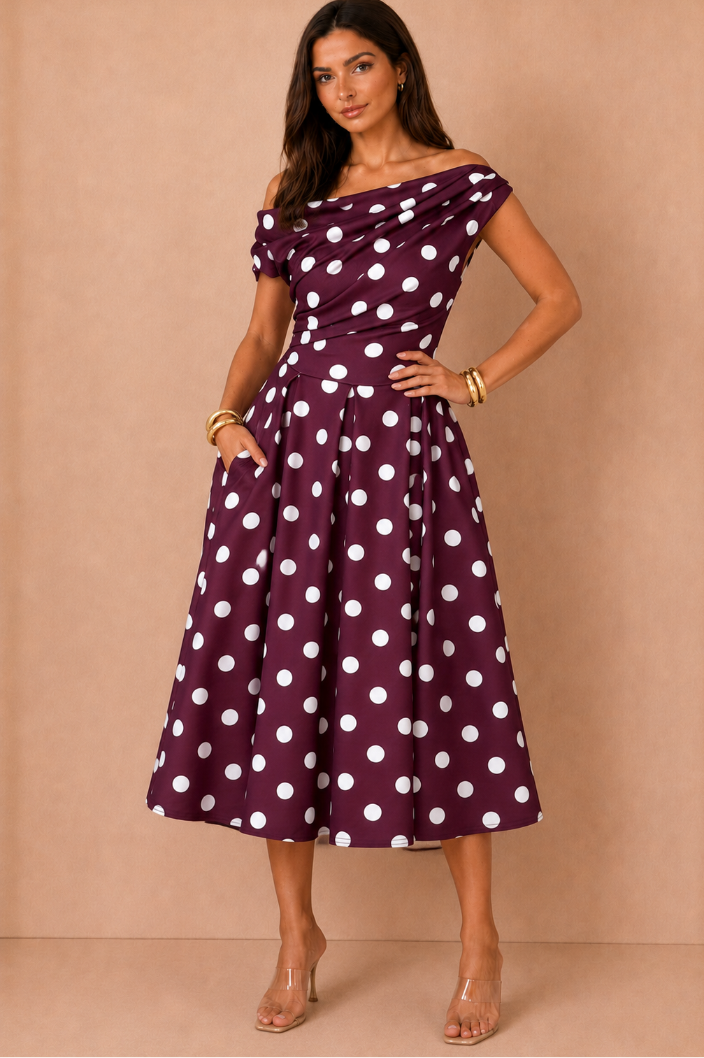 Betty Berry Polka Dot Asymmetric Midi Dress