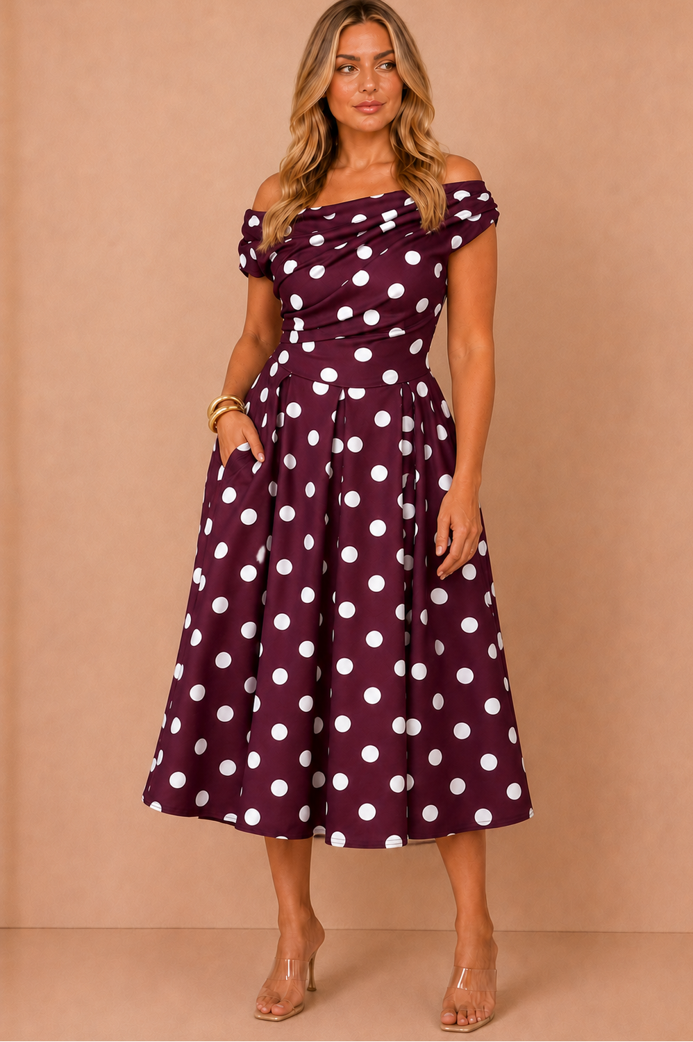 Betty Berry Polka Dot Asymmetric Midi Dress