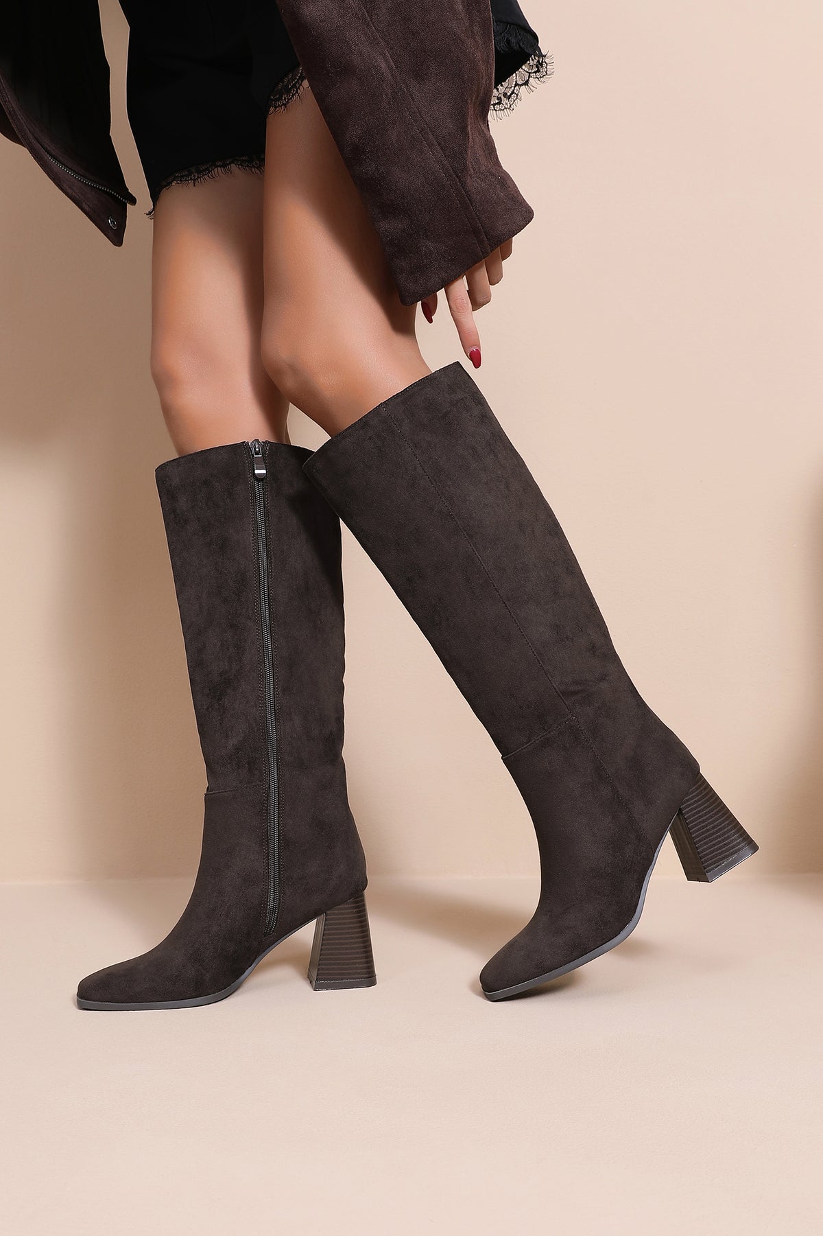 Brandy Dark Brown Suedette Knee High Boots