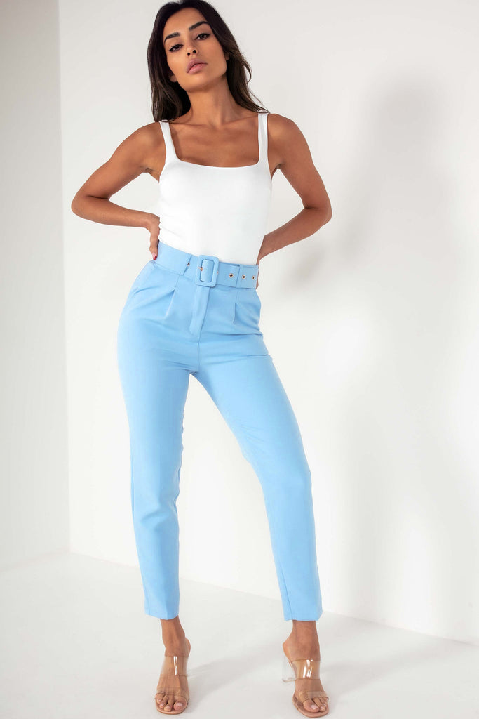 Brinley Baby Blue Belted Cigarette Trousers