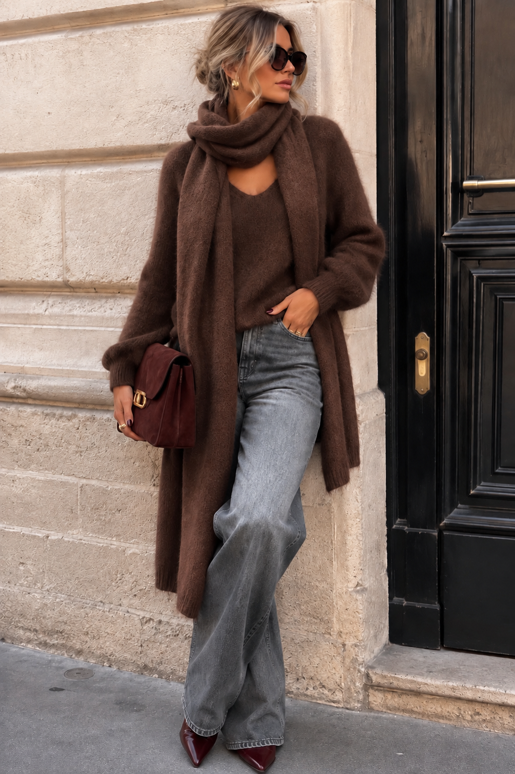 Cadence Chocolate Knit Scarf Jumper Set