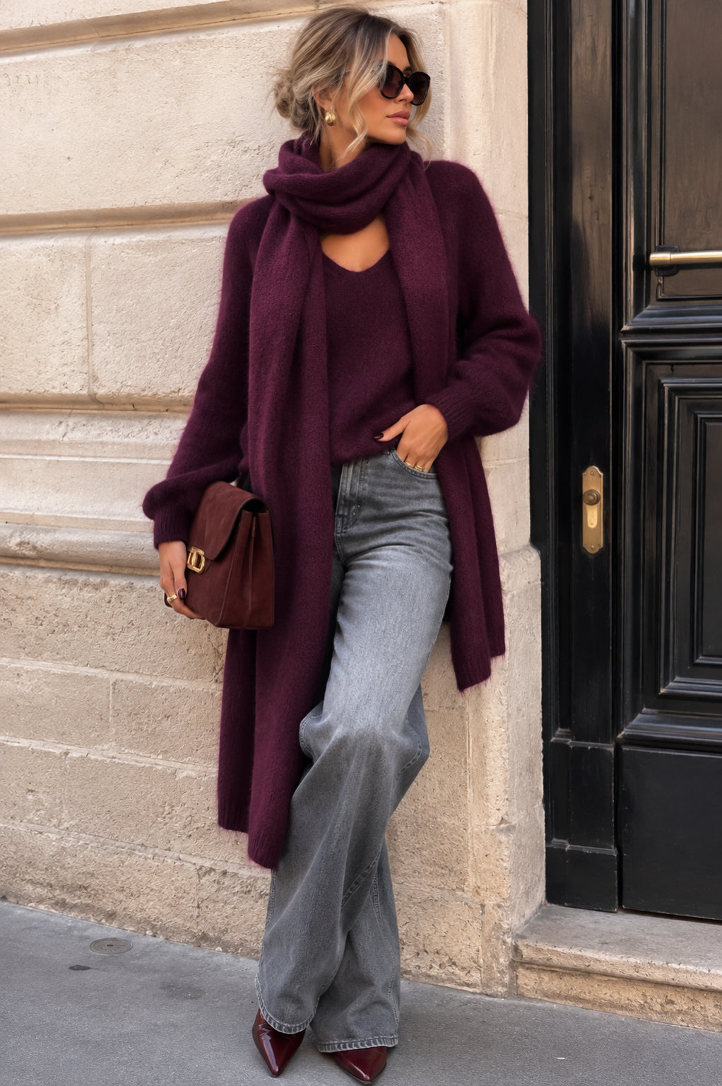 Cadence Purple Knit Scarf Jumper Set