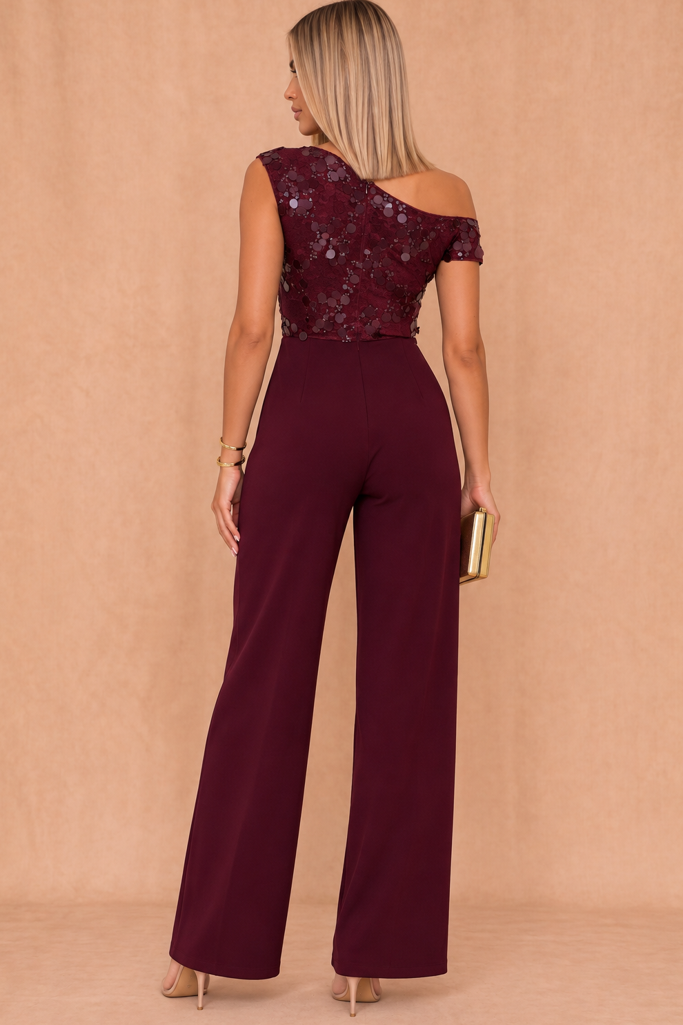 Camille Burgundy Sequin Off The Shoulder Jumpsuit
