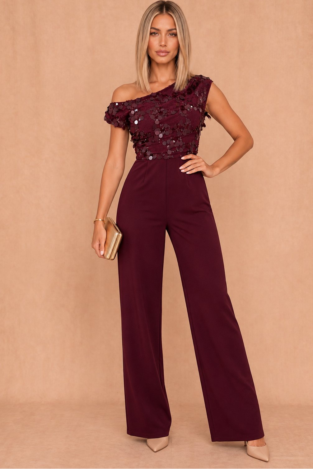 Camille Burgundy Sequin Off The Shoulder Jumpsuit