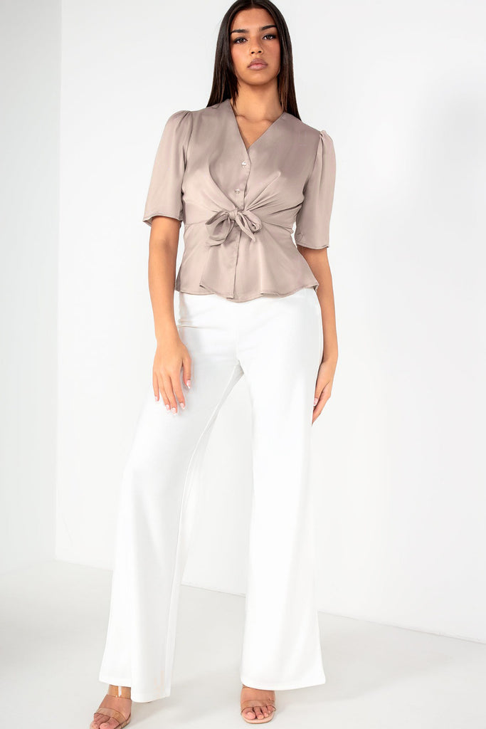 Caryn Champagne Satin Tie Front Top