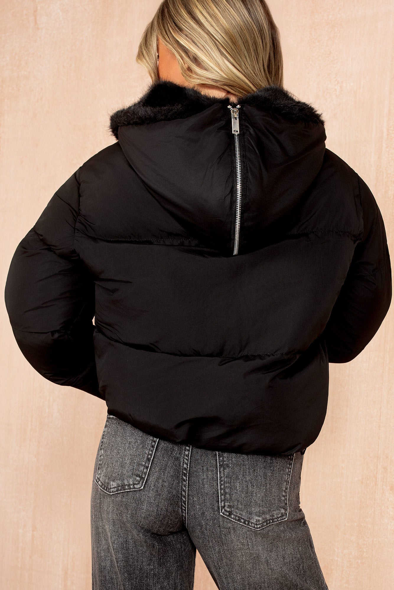 Cassie Black Faux Fur Hooded Puffer Jacket