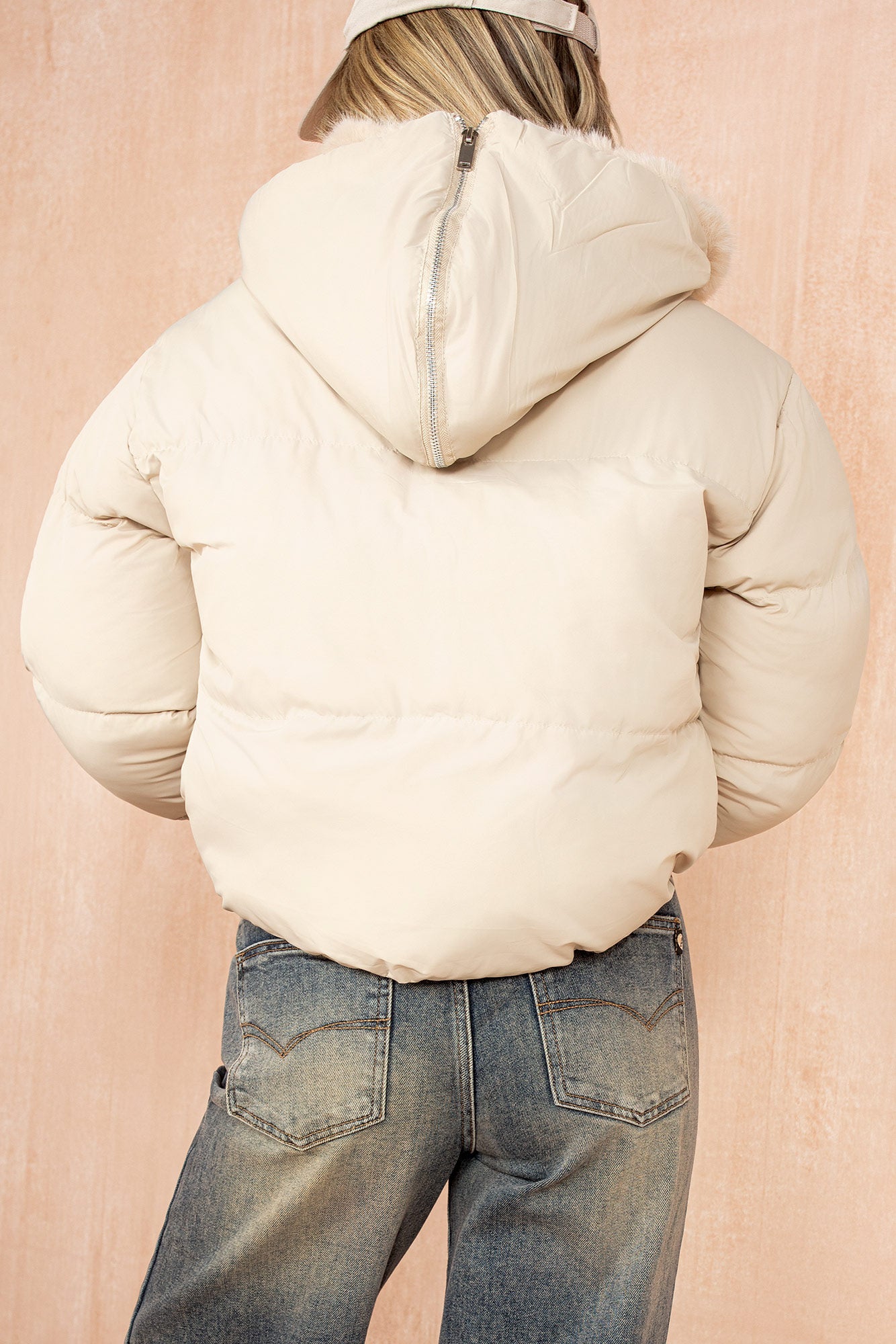 Cassie Cream Faux Fur Hooded Puffer Jacket