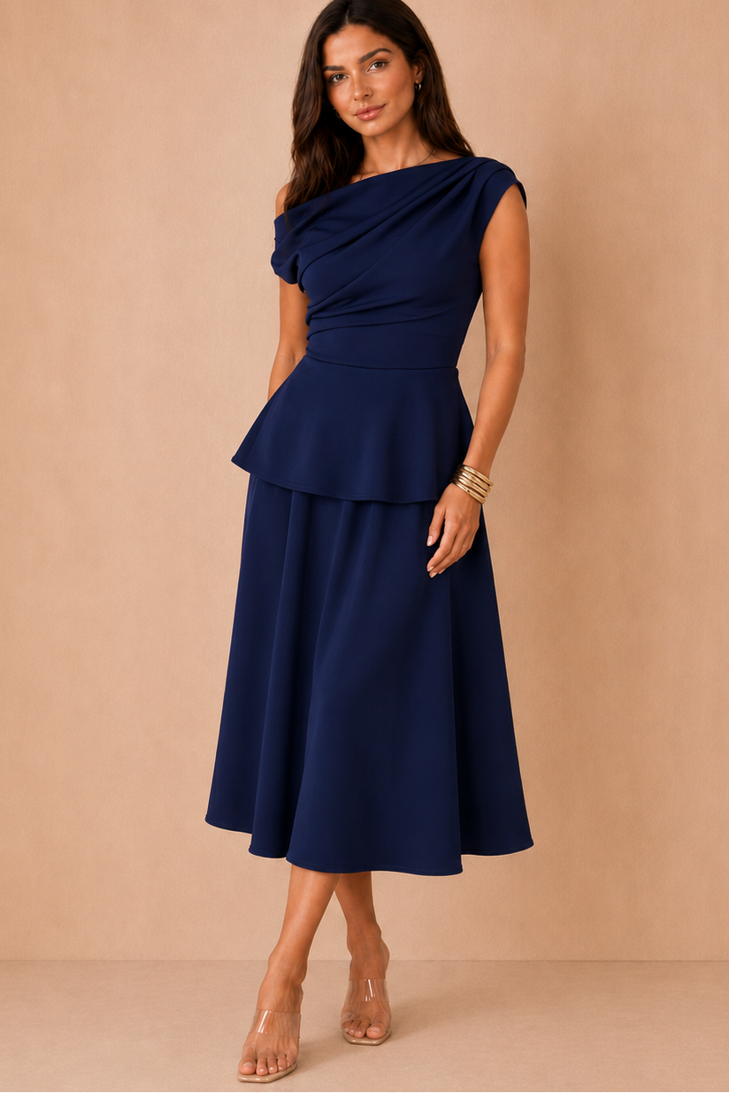 Connie Navy Peplum Midi Dress