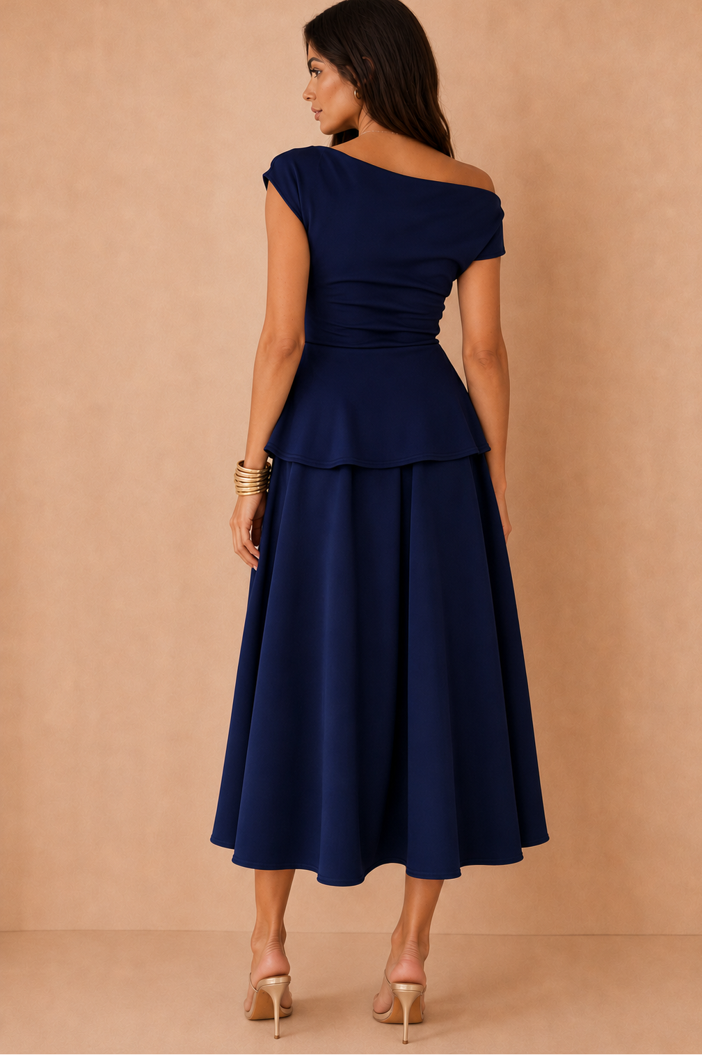 Connie Navy Peplum Midi Dress