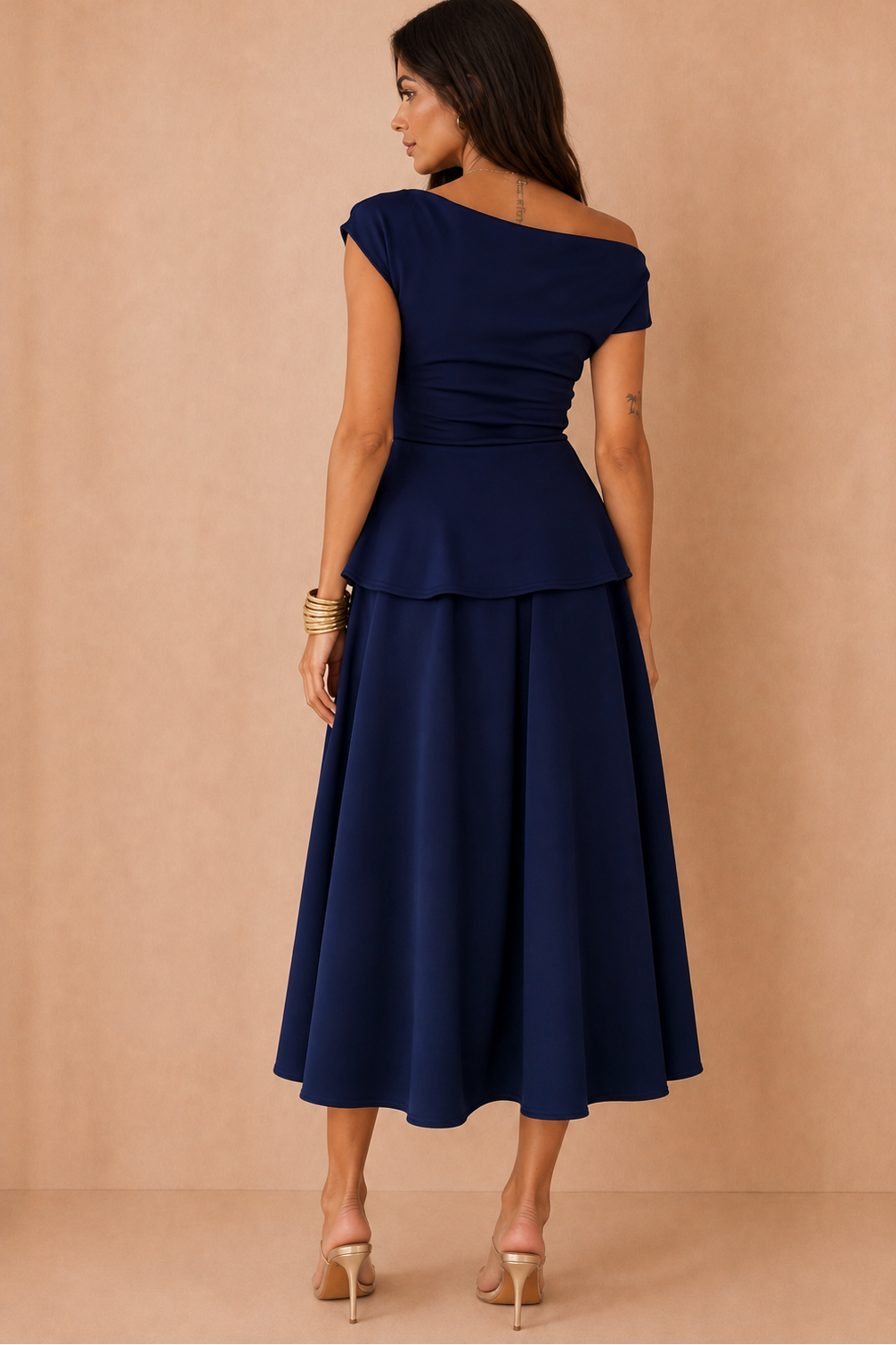 Connie Navy Peplum Midi Dress