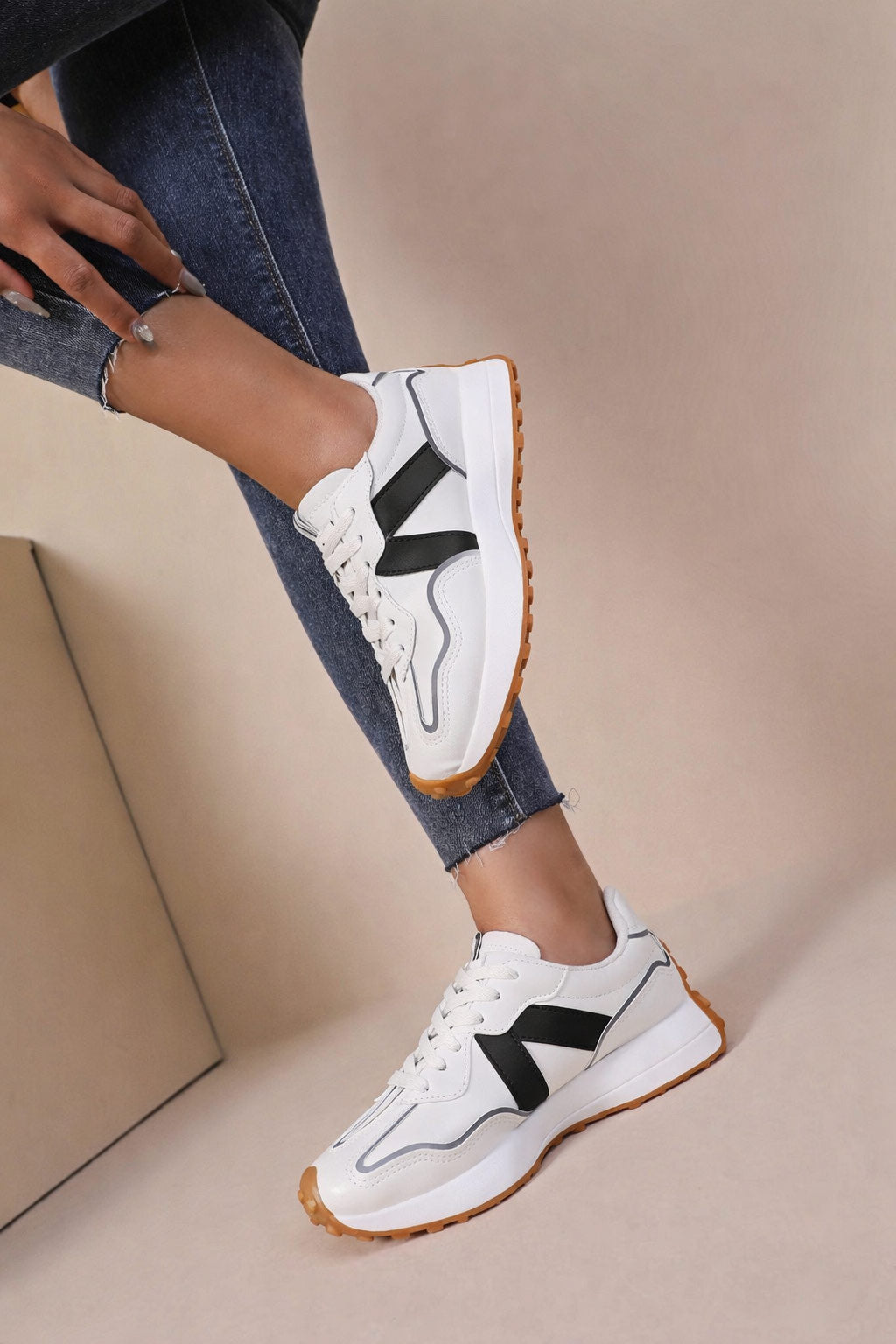 Cora White and Black PU Chunky Trainers
