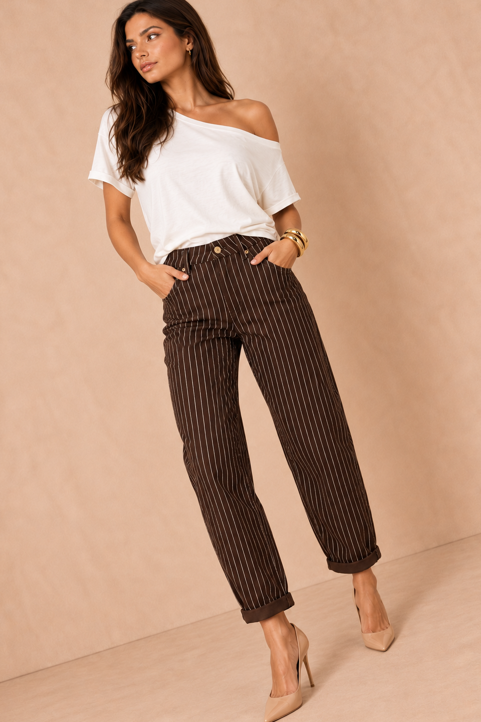 Daisy Chocolate Pinstripe Mom Jeans