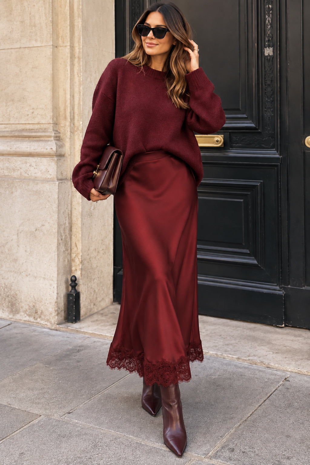 Daniella Burgundy Satin Midi Skirt