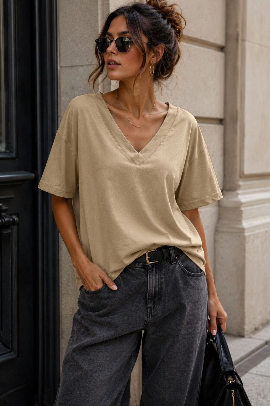 Dorothy Camel Cotton V Neck Top