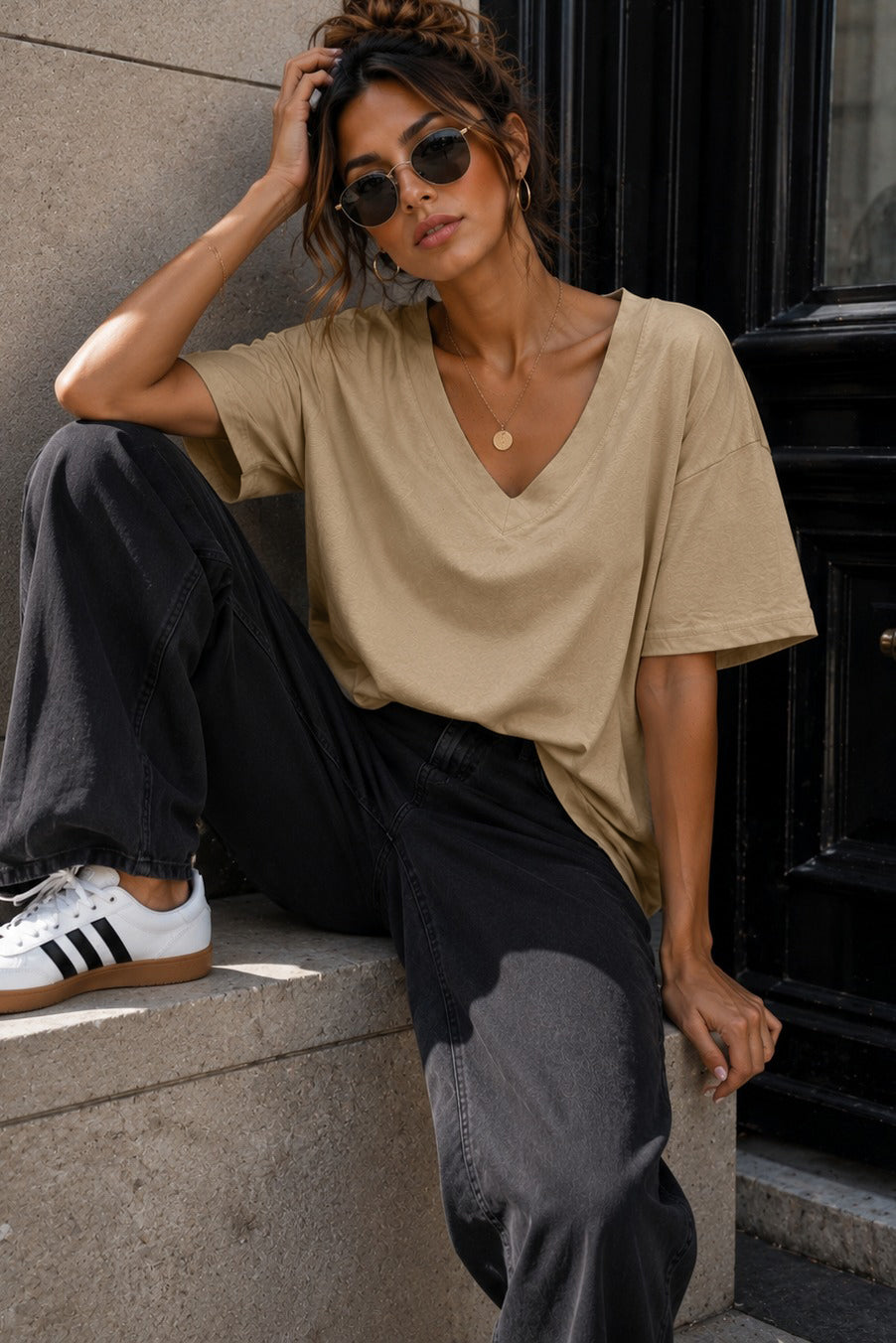Dorothy Camel Cotton V Neck Top