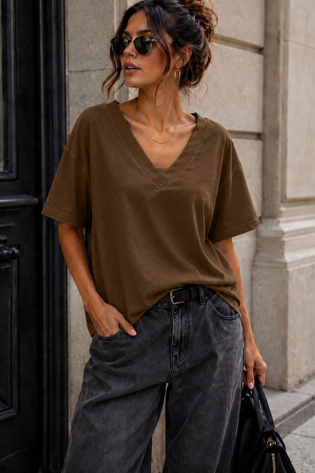 Dorothy Chocolate Cotton V Neck Top