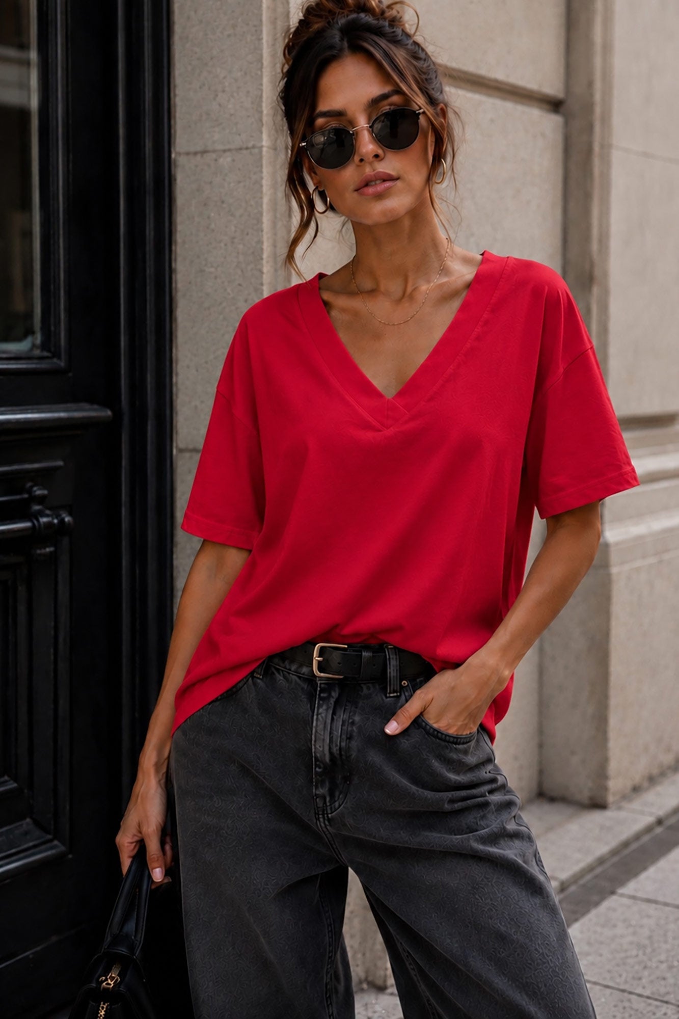 Dorothy Red Cotton V Neck Top