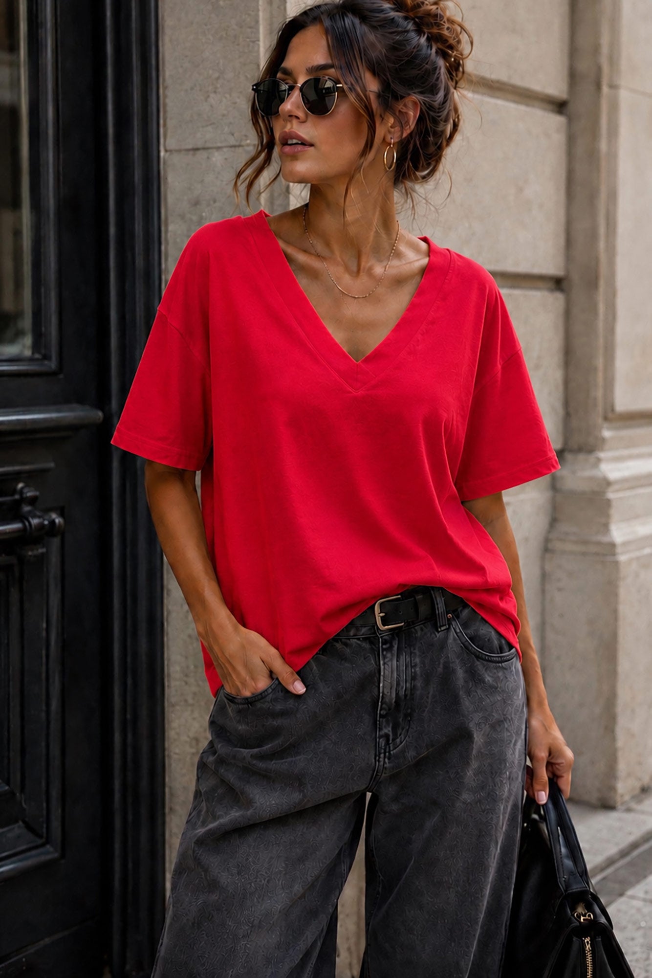 Dorothy Red Cotton V Neck Top