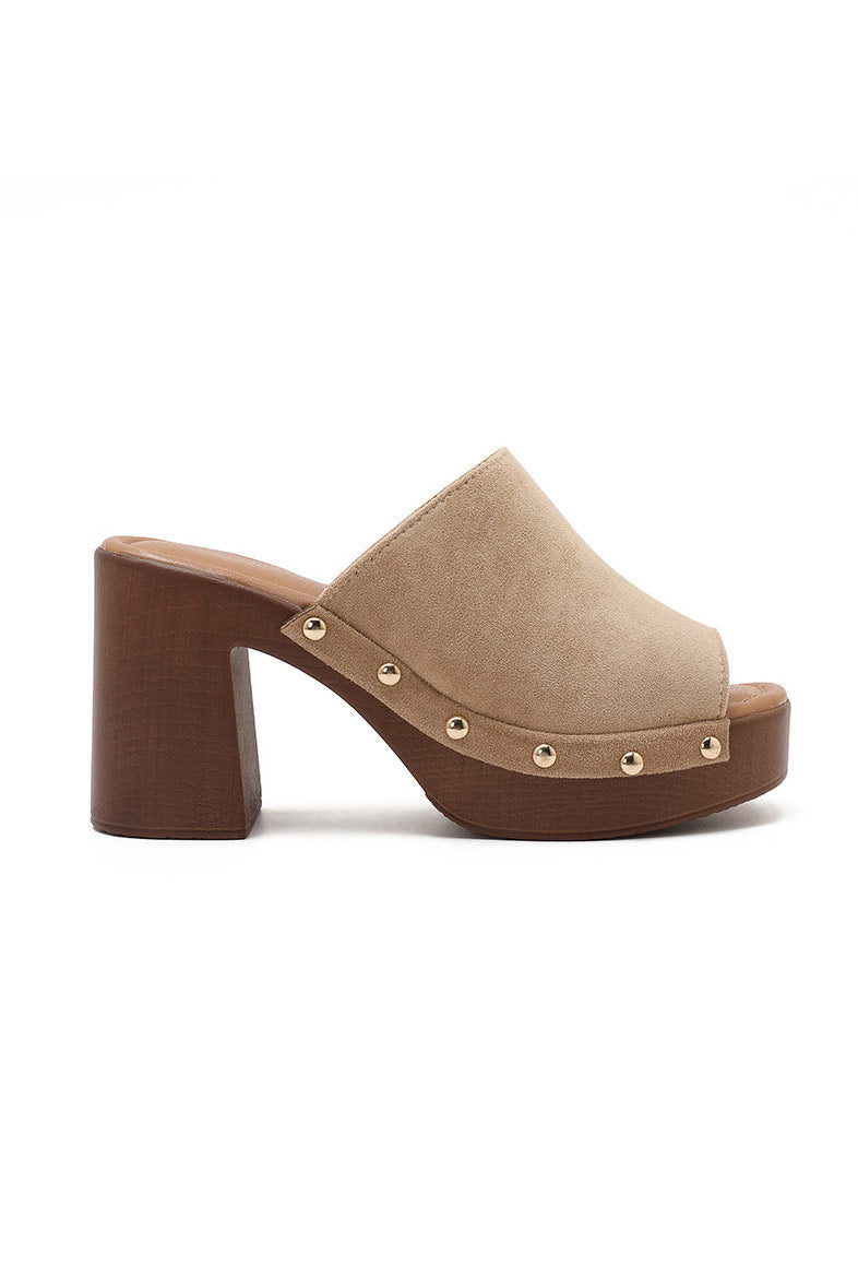 Dua Stone Suedette Heeled Mule Clogs