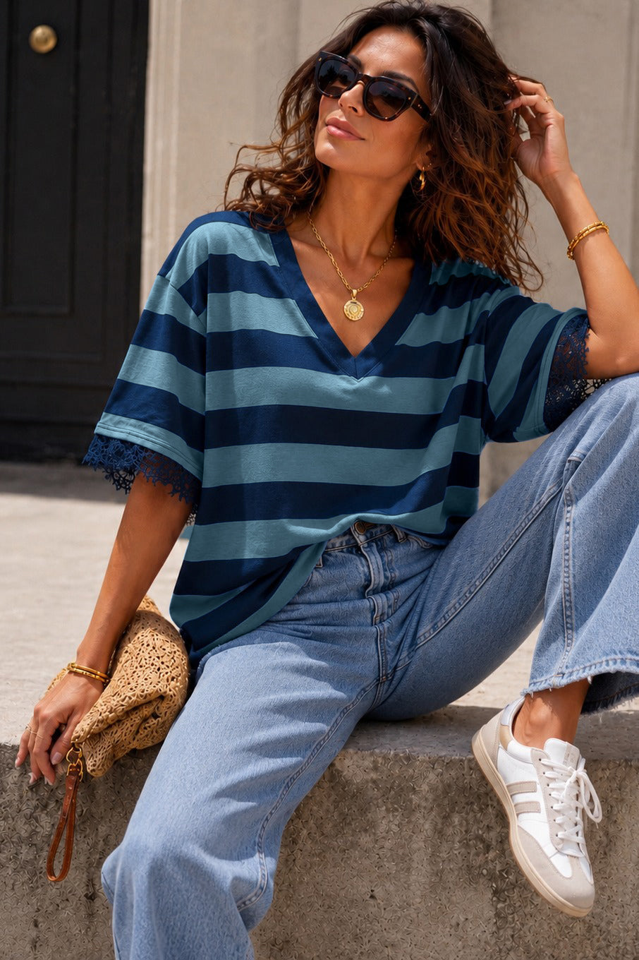 Eden Navy and Blue Lace Trim Top