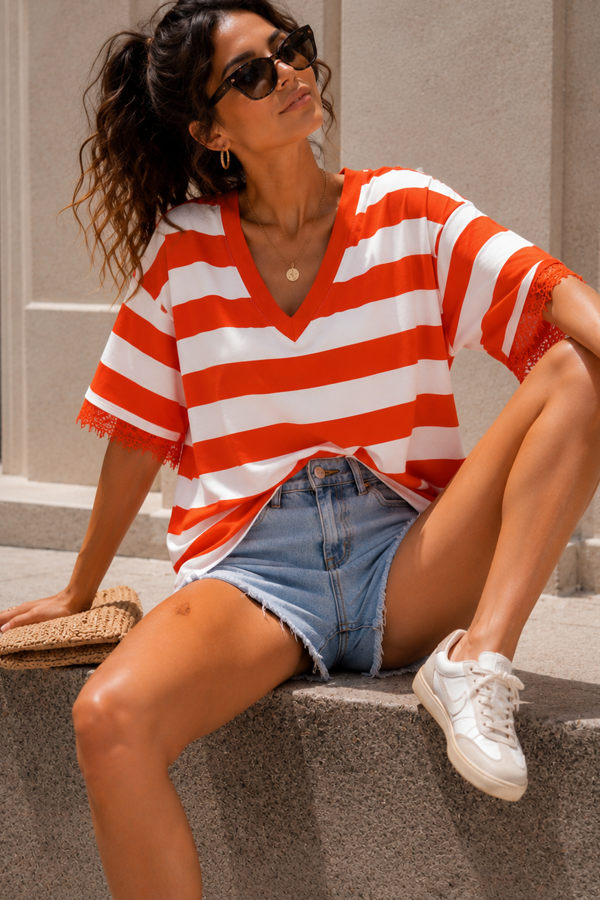 Eden Orange Striped V Neck Top