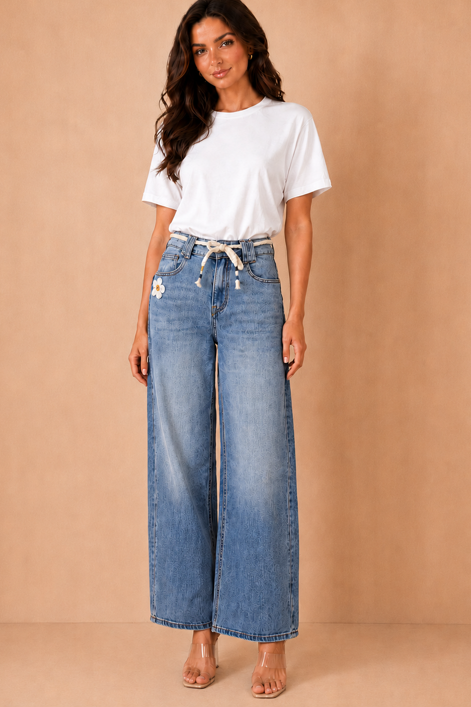 Elvine Blue Belted Wide Leg Jeans