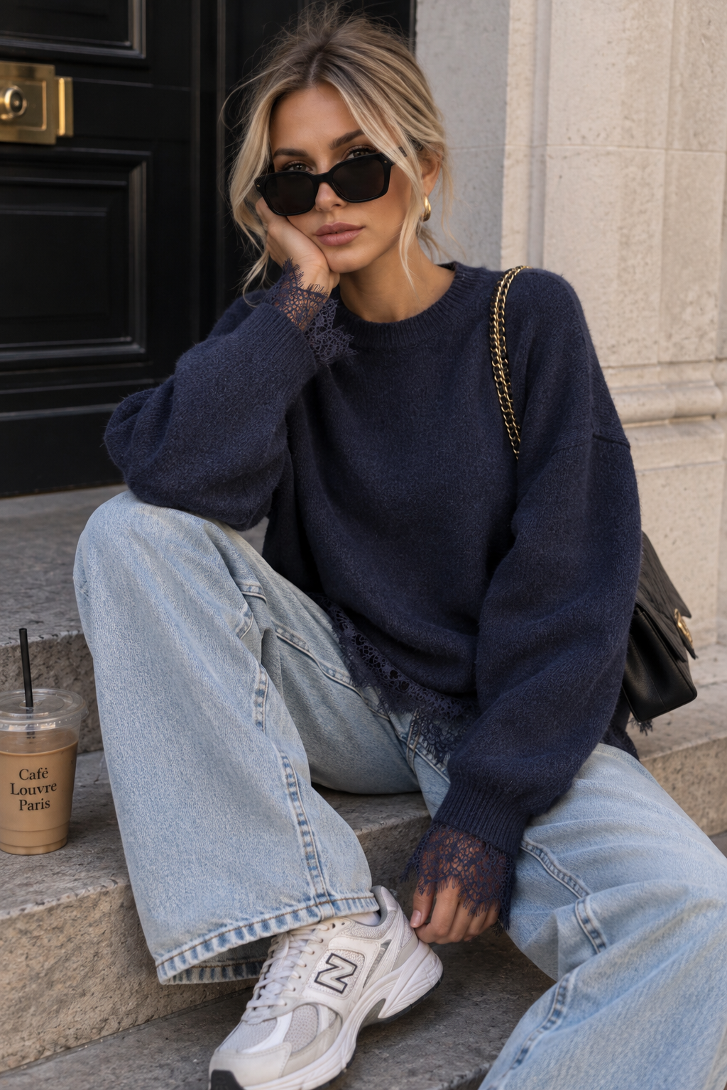 Estelle Navy Knit Lace Trim Jumper
