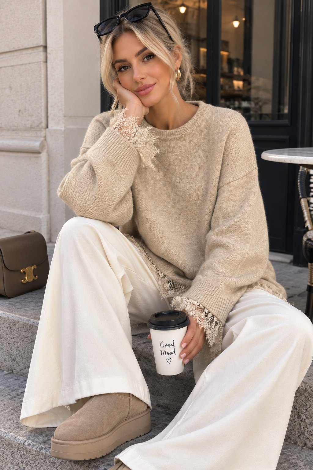 Estelle Stone Knit Lace Trim Jumper