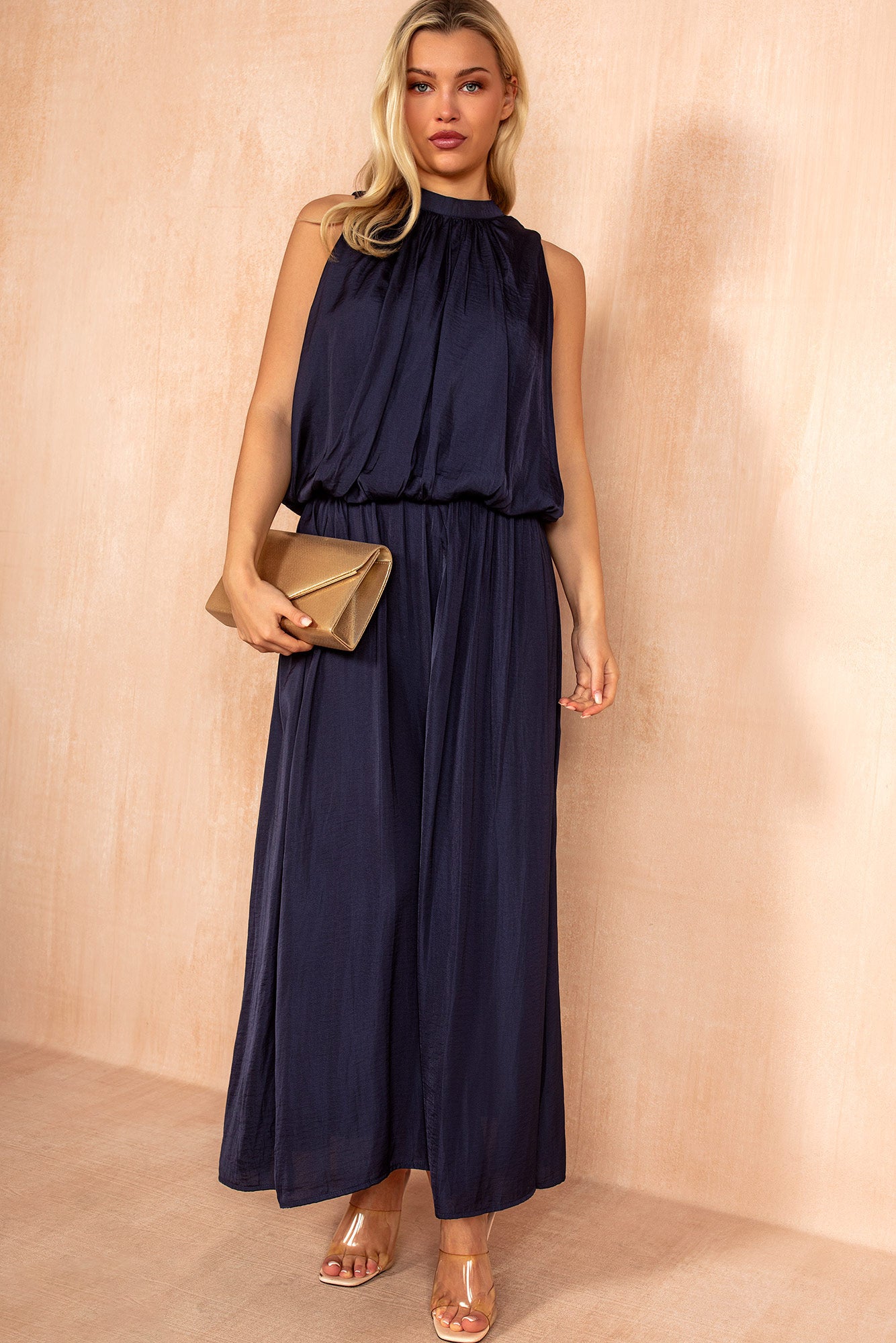 Ethlyn Navy Matte Satin Maxi Dress