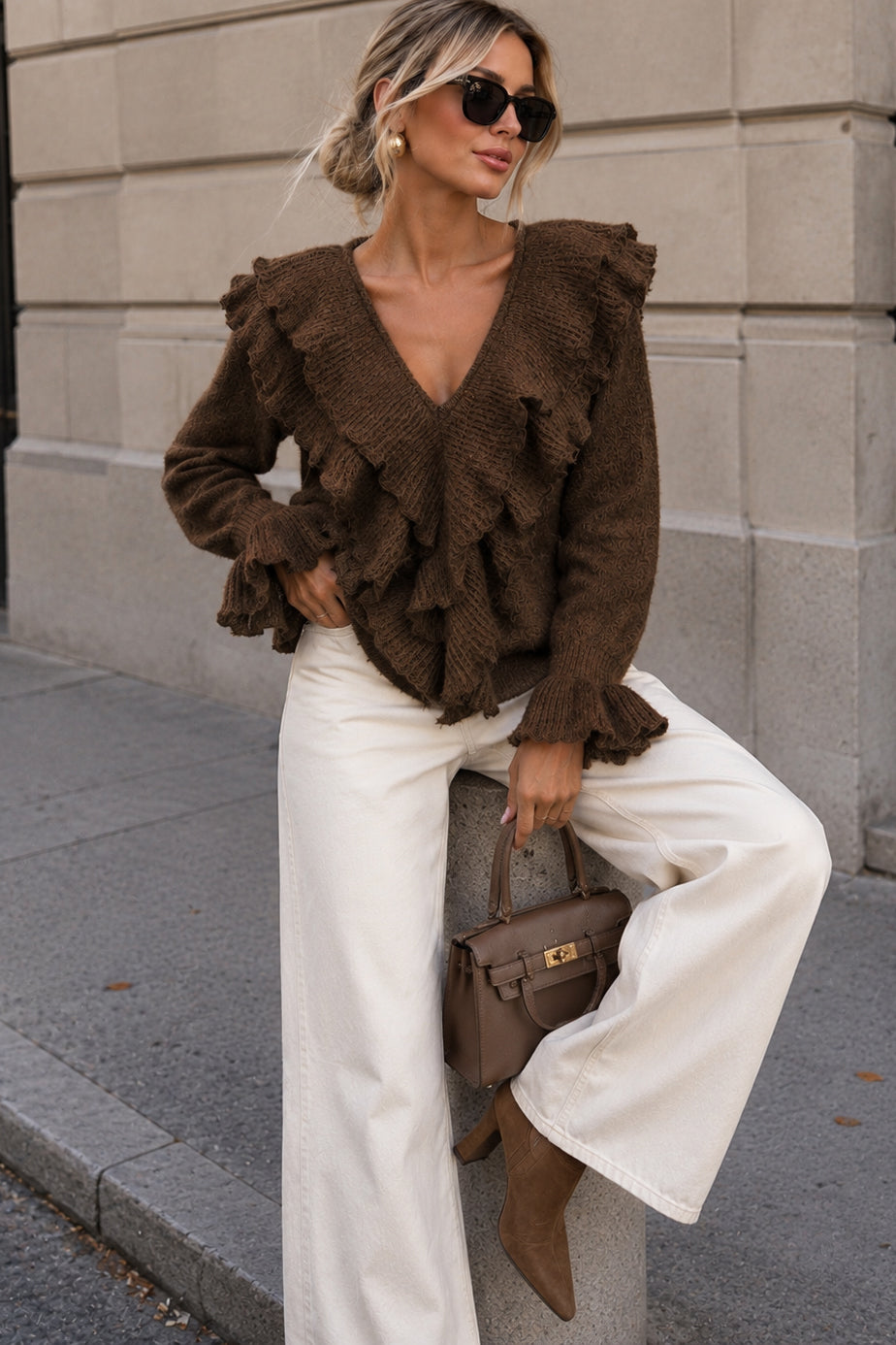 Etta Chocolate Knit Ruffle Jumper