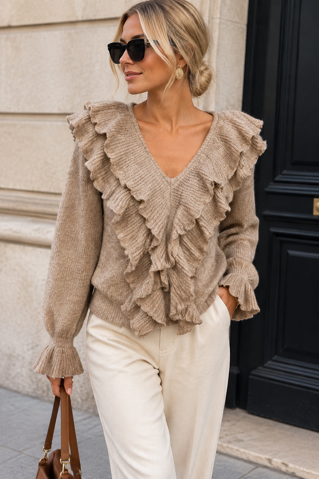Etta Taupe Knit Ruffle Jumper