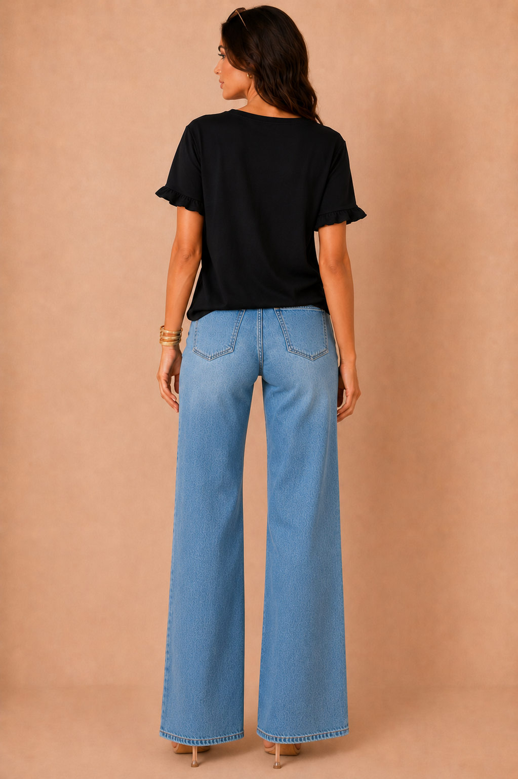 Florinda Black Cotton Frill Sleeve T-Shirt