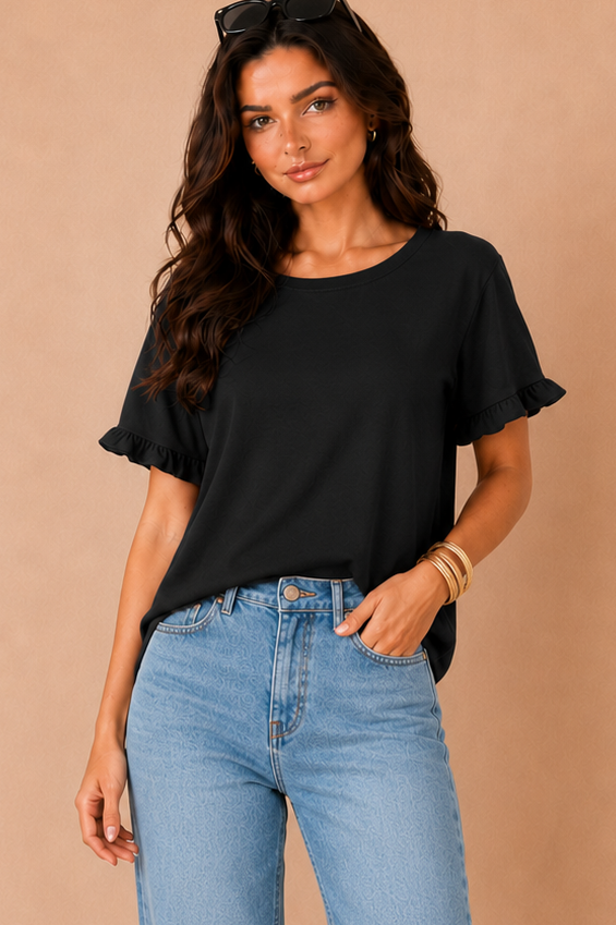 Florinda Black Cotton Frill Sleeve T-Shirt